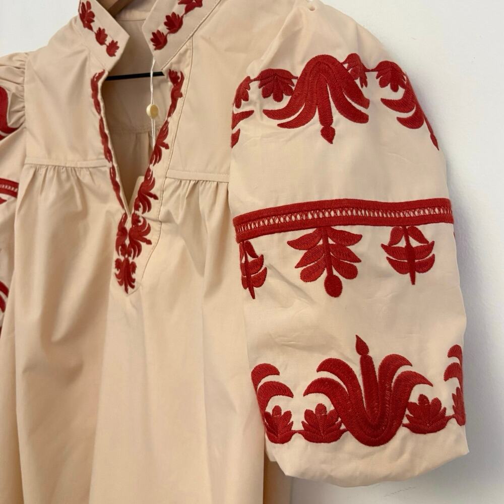Entro Good Afternoon Blouse Sz L Cream Rust Red Embroidered Puff Sleeve Boho NWT - Picture 4 of 9